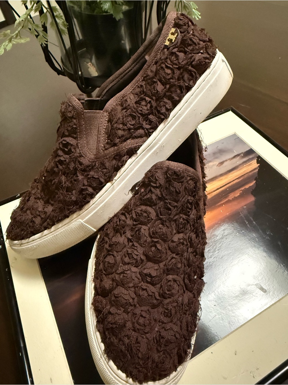 Tory Burch Brown Floral Rosette Slip-On Sneakers